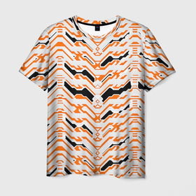 Мужская футболка 3D с принтом Агрессивный бело оранжевый паттерн в Курске, 100% полиэфир | прямой крой, круглый вырез горловины, длина до линии бедер | Тематика изображения на принте: 