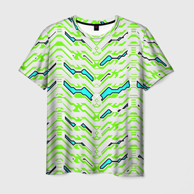Мужская футболка 3D с принтом Агрессивный бело зелёный паттерн в Курске, 100% полиэфир | прямой крой, круглый вырез горловины, длина до линии бедер | Тематика изображения на принте: 