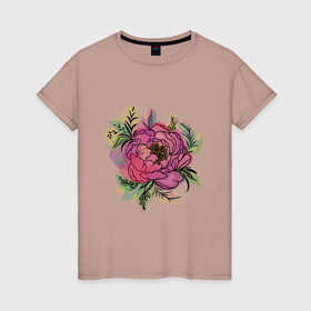 Женская футболка хлопок с принтом Стильный цветок пион в Белгороде, 100% хлопок | прямой крой, круглый вырез горловины, длина до линии бедер, слегка спущенное плечо | 
