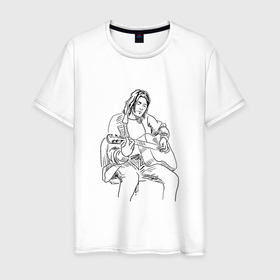 Мужская футболка хлопок с принтом Курт Кобейн Нирвана с гитарой в Санкт-Петербурге, 100% хлопок | прямой крой, круглый вырез горловины, длина до линии бедер, слегка спущенное плечо. | 