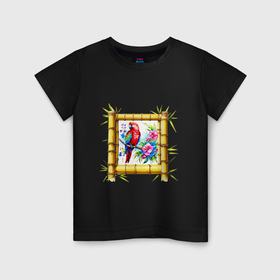 Детская футболка хлопок с принтом Попугай в рамке из бамбука в Тюмени, 100% хлопок | круглый вырез горловины, полуприлегающий силуэт, длина до линии бедер | Тематика изображения на принте: 