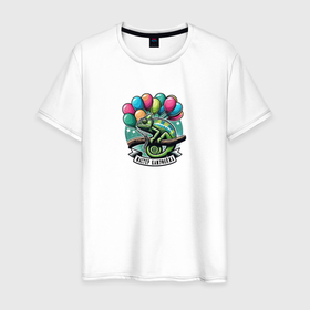 Мужская футболка хлопок с принтом Воздушные шары и хамелеон в Екатеринбурге, 100% хлопок | прямой крой, круглый вырез горловины, длина до линии бедер, слегка спущенное плечо. | Тематика изображения на принте: 
