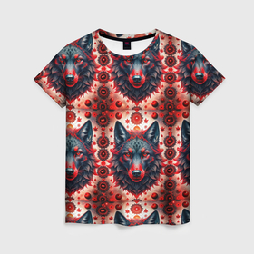 Женская футболка 3D с принтом Серые волки на красном фоне в Петрозаводске, 100% полиэфир ( синтетическое хлопкоподобное полотно) | прямой крой, круглый вырез горловины, длина до линии бедер | 