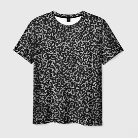 Мужская футболка 3D с принтом Серые завитки на черном фоне в Петрозаводске, 100% полиэфир | прямой крой, круглый вырез горловины, длина до линии бедер | 