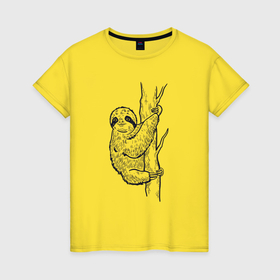 Женская футболка хлопок с принтом Ленивец ползёт по дереву в Новосибирске, 100% хлопок | прямой крой, круглый вырез горловины, длина до линии бедер, слегка спущенное плечо | 