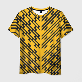 Мужская футболка 3D с принтом Чёрные полосы на жёлтом фоне в Петрозаводске, 100% полиэфир | прямой крой, круглый вырез горловины, длина до линии бедер | 
