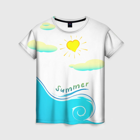 Женская футболка 3D с принтом Голубые волны и солнце   summer , 100% полиэфир ( синтетическое хлопкоподобное полотно) | прямой крой, круглый вырез горловины, длина до линии бедер | 