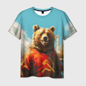 Мужская футболка 3D с принтом Медведь с гербом СССР в Тюмени, 100% полиэфир | прямой крой, круглый вырез горловины, длина до линии бедер | 