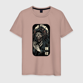 Мужская футболка хлопок с принтом Женщина ёкай японский фольклор в Петрозаводске, 100% хлопок | прямой крой, круглый вырез горловины, длина до линии бедер, слегка спущенное плечо. | 