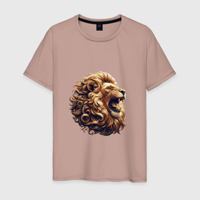 Мужская футболка хлопок с принтом Голова золотого льва в Екатеринбурге, 100% хлопок | прямой крой, круглый вырез горловины, длина до линии бедер, слегка спущенное плечо. | 