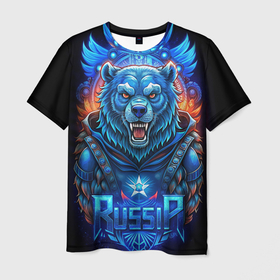 Мужская футболка 3D с принтом Ледяной синий супер русский медведь со звездой героя в Белгороде, 100% полиэфир | прямой крой, круглый вырез горловины, длина до линии бедер | Тематика изображения на принте: 