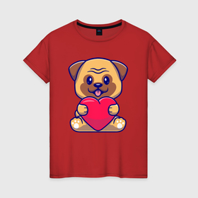Женская футболка хлопок с принтом Бульдог с сердечком в Белгороде, 100% хлопок | прямой крой, круглый вырез горловины, длина до линии бедер, слегка спущенное плечо | 