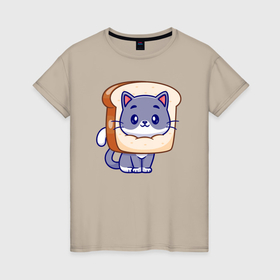 Женская футболка хлопок с принтом Хлебный котенок в Новосибирске, 100% хлопок | прямой крой, круглый вырез горловины, длина до линии бедер, слегка спущенное плечо | 