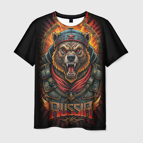 Мужская футболка 3D с принтом Мощный медведь  СССР стиль в Тюмени, 100% полиэфир | прямой крой, круглый вырез горловины, длина до линии бедер | 