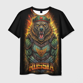 Мужская футболка 3D с принтом Мощный военный медведь СССР в Тюмени, 100% полиэфир | прямой крой, круглый вырез горловины, длина до линии бедер | 