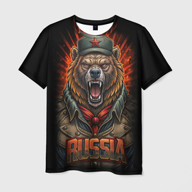 Мужская футболка 3D с принтом Мощный военный медведь   СССР в Петрозаводске, 100% полиэфир | прямой крой, круглый вырез горловины, длина до линии бедер | 