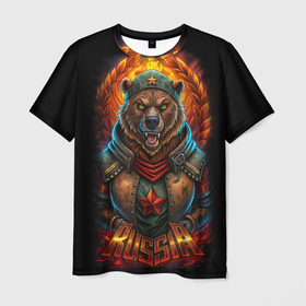 Мужская футболка 3D с принтом Русский военный медведь солдат , 100% полиэфир | прямой крой, круглый вырез горловины, длина до линии бедер | 