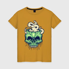 Женская футболка хлопок с принтом Skull smoke , 100% хлопок | прямой крой, круглый вырез горловины, длина до линии бедер, слегка спущенное плечо | 