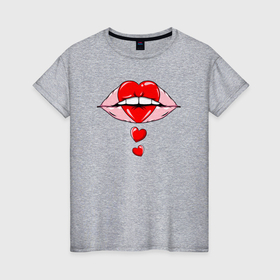 Женская футболка хлопок с принтом Губы и сердечки в Петрозаводске, 100% хлопок | прямой крой, круглый вырез горловины, длина до линии бедер, слегка спущенное плечо | 