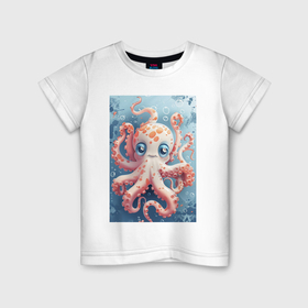 Детская футболка хлопок с принтом Милый осьминог под водой в Екатеринбурге, 100% хлопок | круглый вырез горловины, полуприлегающий силуэт, длина до линии бедер | 