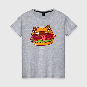 Женская футболка хлопок с принтом Голодный гамбургер в Кировске, 100% хлопок | прямой крой, круглый вырез горловины, длина до линии бедер, слегка спущенное плечо | 