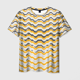 Мужская футболка 3D с принтом Чёрные и жёлтые полосы на белом фоне в Тюмени, 100% полиэфир | прямой крой, круглый вырез горловины, длина до линии бедер | Тематика изображения на принте: 