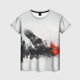 Женская футболка 3D с принтом Летающий ворон и город в Тюмени, 100% полиэфир ( синтетическое хлопкоподобное полотно) | прямой крой, круглый вырез горловины, длина до линии бедер | Тематика изображения на принте: 