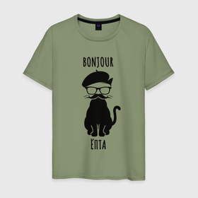 Мужская футболка хлопок с принтом Bonjour ёпта кот в очках в Санкт-Петербурге, 100% хлопок | прямой крой, круглый вырез горловины, длина до линии бедер, слегка спущенное плечо. | Тематика изображения на принте: 