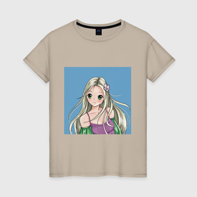 Женская футболка хлопок с принтом Аниме девушка с цветком в волосах , 100% хлопок | прямой крой, круглый вырез горловины, длина до линии бедер, слегка спущенное плечо | 