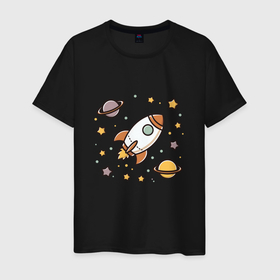 Мужская футболка хлопок с принтом Ракета to the moon в Курске, 100% хлопок | прямой крой, круглый вырез горловины, длина до линии бедер, слегка спущенное плечо. | Тематика изображения на принте: 