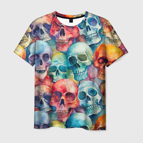Мужская футболка 3D с принтом Красочный узор с черепами в Екатеринбурге, 100% полиэфир | прямой крой, круглый вырез горловины, длина до линии бедер | 