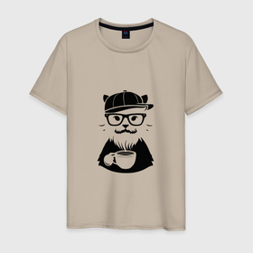 Мужская футболка хлопок с принтом Старый кот хипстер черный в Курске, 100% хлопок | прямой крой, круглый вырез горловины, длина до линии бедер, слегка спущенное плечо. | Тематика изображения на принте: 