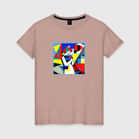 Женская футболка хлопок с принтом Девушка с телефоном в абстрактном стиле , 100% хлопок | прямой крой, круглый вырез горловины, длина до линии бедер, слегка спущенное плечо | 