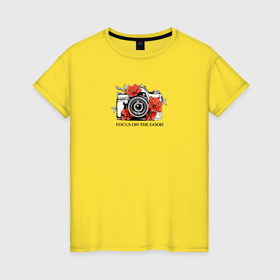 Женская футболка хлопок с принтом Фотоаппарат с яркими цветами в Тюмени, 100% хлопок | прямой крой, круглый вырез горловины, длина до линии бедер, слегка спущенное плечо | 