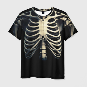 Мужская футболка 3D с принтом Человеческий скелет на черном фоне в Екатеринбурге, 100% полиэфир | прямой крой, круглый вырез горловины, длина до линии бедер | Тематика изображения на принте: 