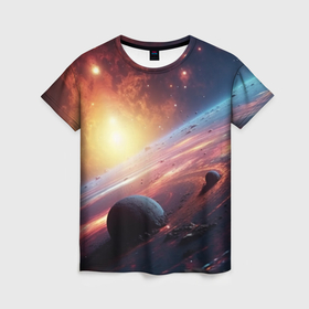 Женская футболка 3D с принтом Фантастика космос и  планета в Петрозаводске, 100% полиэфир ( синтетическое хлопкоподобное полотно) | прямой крой, круглый вырез горловины, длина до линии бедер | 