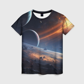 Женская футболка 3D с принтом Фантастика космос  и планета в Белгороде, 100% полиэфир ( синтетическое хлопкоподобное полотно) | прямой крой, круглый вырез горловины, длина до линии бедер | 