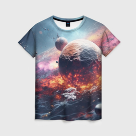 Женская футболка 3D с принтом Космическое столкновение планет в Петрозаводске, 100% полиэфир ( синтетическое хлопкоподобное полотно) | прямой крой, круглый вырез горловины, длина до линии бедер | 