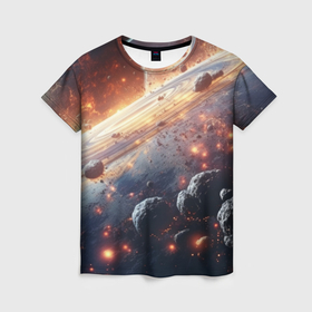 Женская футболка 3D с принтом Метеориты и планета в Кировске, 100% полиэфир ( синтетическое хлопкоподобное полотно) | прямой крой, круглый вырез горловины, длина до линии бедер | Тематика изображения на принте: 