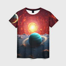 Женская футболка 3D с принтом Космос и  разные планеты в Кировске, 100% полиэфир ( синтетическое хлопкоподобное полотно) | прямой крой, круглый вырез горловины, длина до линии бедер | 