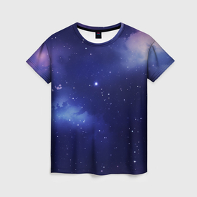 Женская футболка 3D с принтом Космос и мелкие звезды в Петрозаводске, 100% полиэфир ( синтетическое хлопкоподобное полотно) | прямой крой, круглый вырез горловины, длина до линии бедер | 