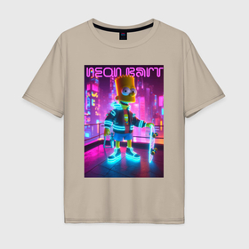 Мужская футболка хлопок Oversize с принтом Neon Bart   with skateboard  ai art fantasy в Курске, 100% хлопок | свободный крой, круглый ворот, “спинка” длиннее передней части | 
