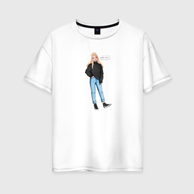 Женская футболка хлопок Oversize с принтом Блондинка в свитшоте и джинсах в Санкт-Петербурге, 100% хлопок | свободный крой, круглый ворот, спущенный рукав, длина до линии бедер
 | Тематика изображения на принте: 
