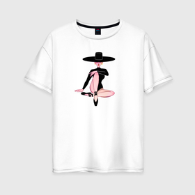 Женская футболка хлопок Oversize с принтом Балерина в черной большой шляпе в Екатеринбурге, 100% хлопок | свободный крой, круглый ворот, спущенный рукав, длина до линии бедер
 | 