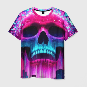 Мужская футболка 3D с принтом Pixel skull blast brain   cyber city ai art в Кировске, 100% полиэфир | прямой крой, круглый вырез горловины, длина до линии бедер | Тематика изображения на принте: 
