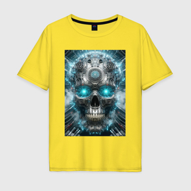 Мужская футболка хлопок Oversize с принтом Electrified cyber skull   ai art fantasy в Тюмени, 100% хлопок | свободный крой, круглый ворот, “спинка” длиннее передней части | Тематика изображения на принте: 