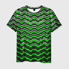 Мужская футболка 3D с принтом Белые и зелёные полосы на чёрном фоне в Новосибирске, 100% полиэфир | прямой крой, круглый вырез горловины, длина до линии бедер | Тематика изображения на принте: 