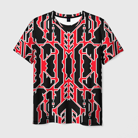 Мужская футболка 3D с принтом Техно красные линии с белой обводкой на чёрном фоне в Курске, 100% полиэфир | прямой крой, круглый вырез горловины, длина до линии бедер | 