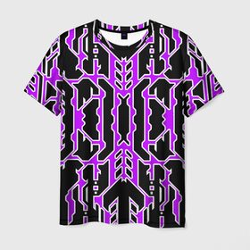 Мужская футболка 3D с принтом Техно фиолетовые линии с белой обводкой на чёрном фоне в Санкт-Петербурге, 100% полиэфир | прямой крой, круглый вырез горловины, длина до линии бедер | 