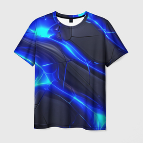 Мужская футболка 3D с принтом Яркое синее свечение и плиты в Белгороде, 100% полиэфир | прямой крой, круглый вырез горловины, длина до линии бедер | Тематика изображения на принте: 